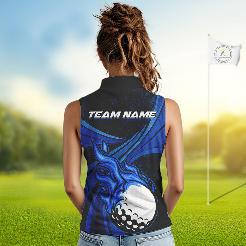 Black & Blue Golf ball Flame Women Sleeveless Polo Shirt Custom ladies golf clothing, best golf gift NQS10864