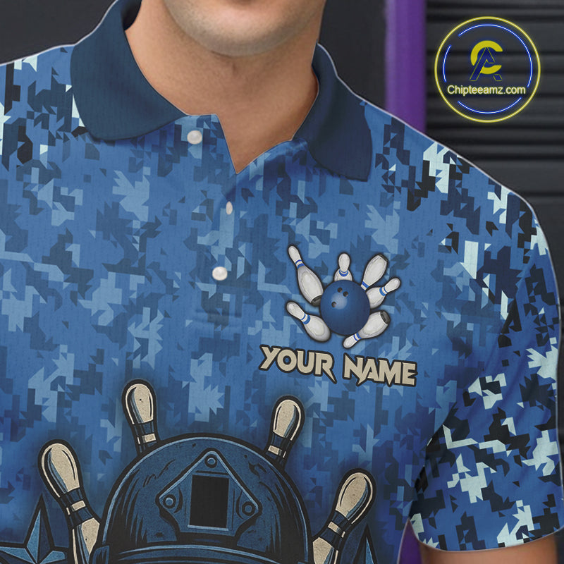 Blue Camo American Flag Veteran Skull Bowling Shirts For Men Custom patriotic Bowling Team Jerseys NQS11047