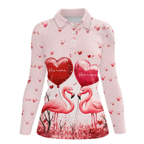 Pink Glitter Flamingo Heart Theme Women golf polo shirt custom Valentines golf tops gift for her NQS9367