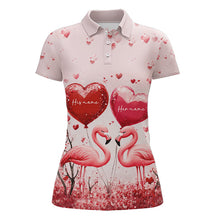 Load image into Gallery viewer, Pink Glitter Flamingo Heart Theme matching golf shirt for couple custom Couple Valentines golf tops NQS9367