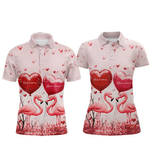 Pink Glitter Flamingo Heart Theme matching golf shirt for couple custom Couple Valentines golf tops NQS9367