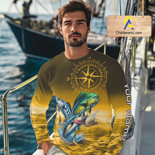 Custom Mahi Mahi, Wahoo, Tuna Yellow Performance Fishing Shirt, Compass Offshore Tournament Shirts NQS11438