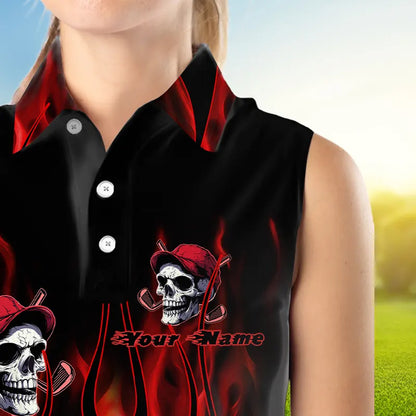 Red Flame Skull Women sleeveless polo shirt custom skull fire golf apparel for ladies NQS9515