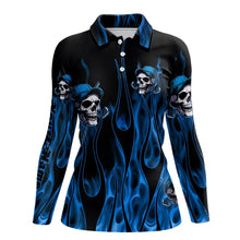 Load image into Gallery viewer, Blue Flame Skull Women golf polo shirts custom skull fire golf apparel for ladies NQS9516