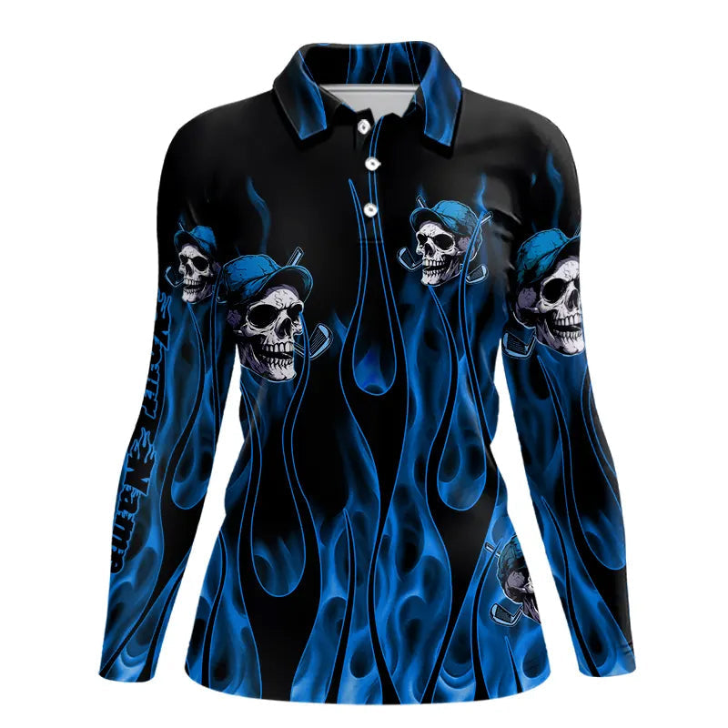 Blue Flame Skull Women golf polo shirts custom skull fire golf apparel for ladies NQS9516