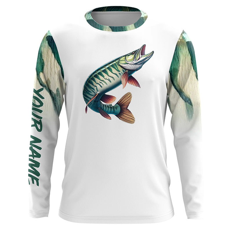 Musky ( Muskie) Fishing Green Scales Custom long sleeve Fishing Shirt, personalized fishing apparel NQS580