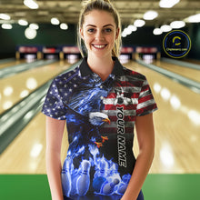 Load image into Gallery viewer, Smoke American Flag Eagle Blue Flame Bowling Shirts for Women Custom patriotic Team Bowling jerseys NQS10868