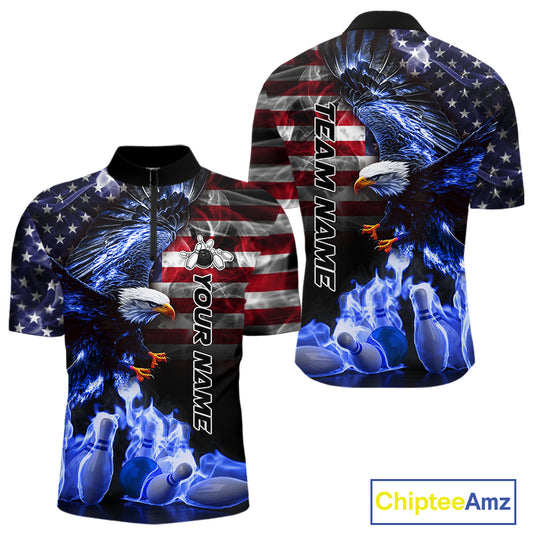 Smoke American Flag Eagle Blue Flame Bowling Shirts for Men Custom patriotic Team Bowling jerseys NQS10868