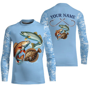 Texas slam redfish, speckled trout, flounder Texas fishing blue camo Custom performance fishing shirt NQS2621