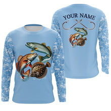 Load image into Gallery viewer, Texas slam redfish, speckled trout, flounder Texas fishing blue camo Custom performance fishing shirt NQS2621