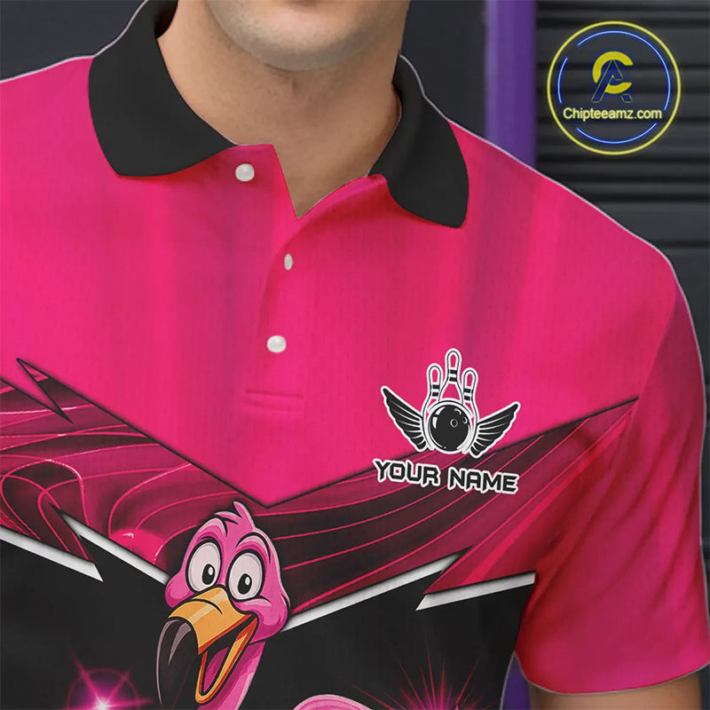 Funny Pink Flamingo Bowling Polo, 1/4 zip shirts for Men Custom Flamingo Team bowling outfit NQS11248