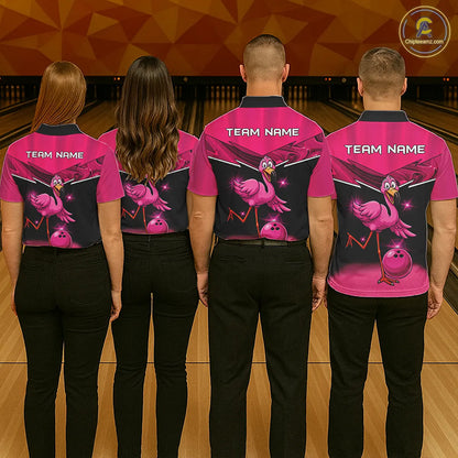 Funny Pink Flamingo Bowling Polo, 1/4 zip shirts for Men Custom Flamingo Team bowling outfit NQS11248