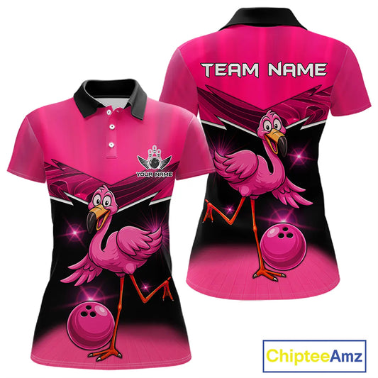 Funny Pink Flamingo Bowling Polo, 1/4 zip shirts for Women Custom Flamingo Team bowling outfit NQS11248