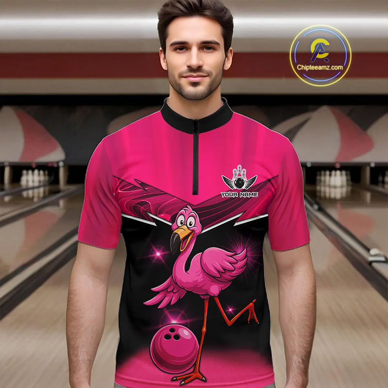 Funny Pink Flamingo Bowling Polo, 1/4 zip shirts for Men Custom Flamingo Team bowling outfit NQS11248