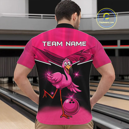 Funny Pink Flamingo Bowling Polo, 1/4 zip shirts for Men Custom Flamingo Team bowling outfit NQS11248