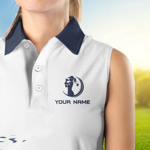 Blue and White Women sleeveless polo shirt custom golf attire for ladies, personalized golf gifts NQS9376