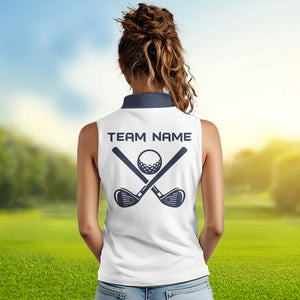 Blue and White Women sleeveless polo shirt custom golf attire for ladies, personalized golf gifts NQS9376