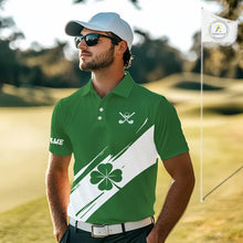 Load image into Gallery viewer, Mens golf polo shirts White and Green Shamrock custom St Patrick's Day team golf shirts for men NQS11639