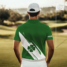 Load image into Gallery viewer, Mens golf polo shirts White and Green Shamrock custom St Patrick's Day team golf shirts for men NQS11639