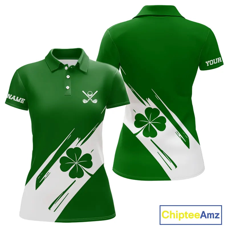 Womens golf polo shirts White and Green Shamrock custom St Patrick's Day team golf shirts for ladies NQS11639