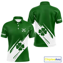 Load image into Gallery viewer, Mens golf polo shirts White and Green Shamrock custom St Patrick's Day team golf shirts for men NQS11639