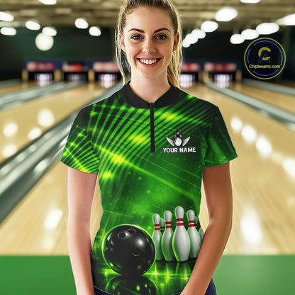 Green Light Bowling Polo, Quarter Zip Shirts For Women Custom Bowling Team Jerseys, Gift For Bowlers NQS11737