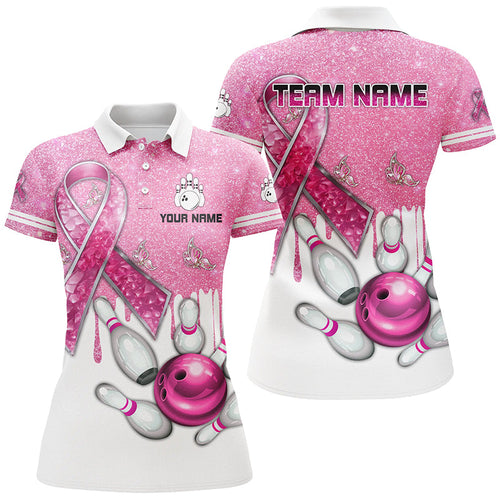 Pink ribbon glitter Bowling Shirts For Women Custom team bowling jerseys, breast cancer bowling shirts NQS8251