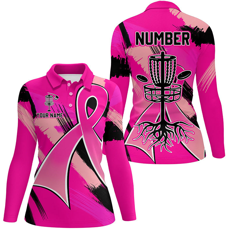 Pink ribbons Breast Cancer Womens disc golf polo shirt custom team breast cancer frisbee golf jersey NQS8702