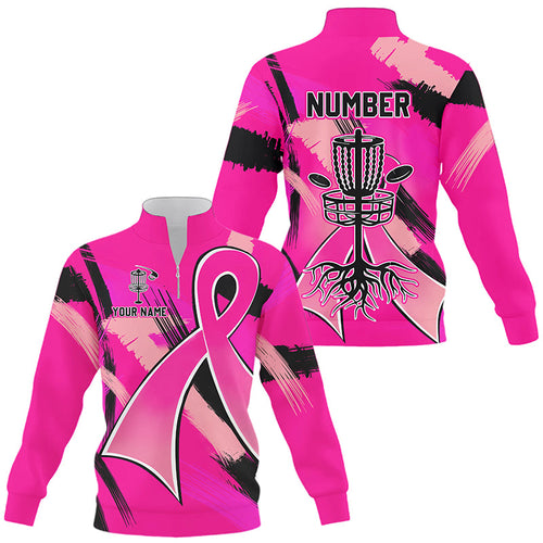 Pink ribbons Breast Cancer Quarter zip golf sweatshirt custom team breast cancer frisbee golf sweater NQS8702