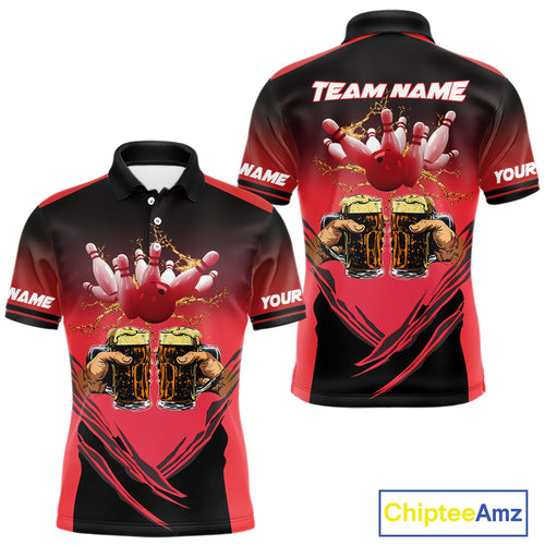 Bowling Beer Black and Red Bowling Polo, 1/4 Quarter zip shirts Custom Mens Team Bowling jerseys NQS10873