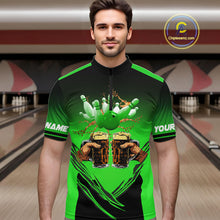 Load image into Gallery viewer, Bowling Beer Black and Green Bowling Polo, 1/4 Quarter zip shirts Custom Mens Team Bowling jerseys NQS10874