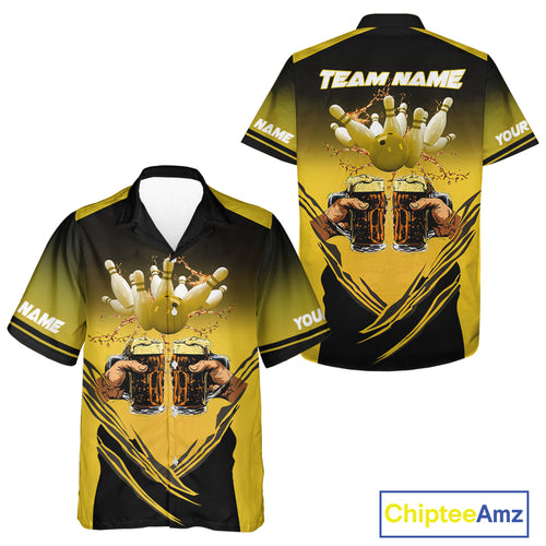 Bowling Beer Black and Yellow Bowling Hawaiian Shirt Custom Team Bowling button up shirt NQS10875