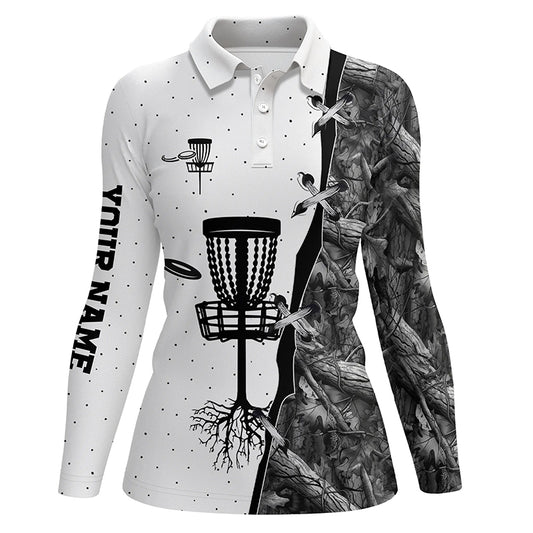 Women disc golf polo shirt black camo disc golf hole custom name disc golf team shirt, disc golf gifts NQS4730