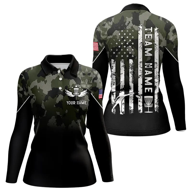 Black Green Camo Women Disc golf polo shirts custom American Flag patriotic team disc golf jerseys NQS9522