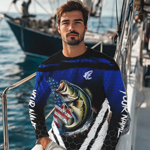 Largemouth Bass fishing American Flag Custom patriotic long sleeve team Bass fishing shirts | Blue NQS9529