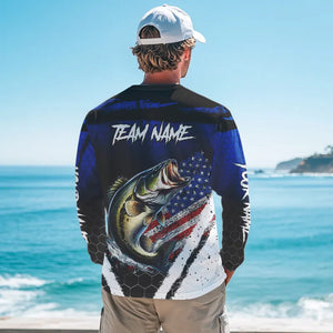 Largemouth Bass fishing American Flag Custom patriotic long sleeve team Bass fishing shirts | Blue NQS9529