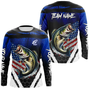 Largemouth Bass fishing American Flag Custom patriotic long sleeve team Bass fishing shirts | Blue NQS9529