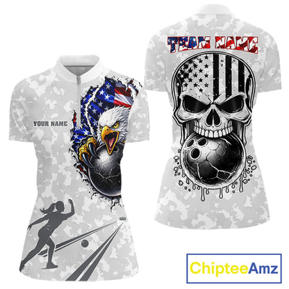 Personalized American Flag Skull Eagle Camo Bowling Team Shirts For Women, Patriotic Bowling Outfits NQS11648