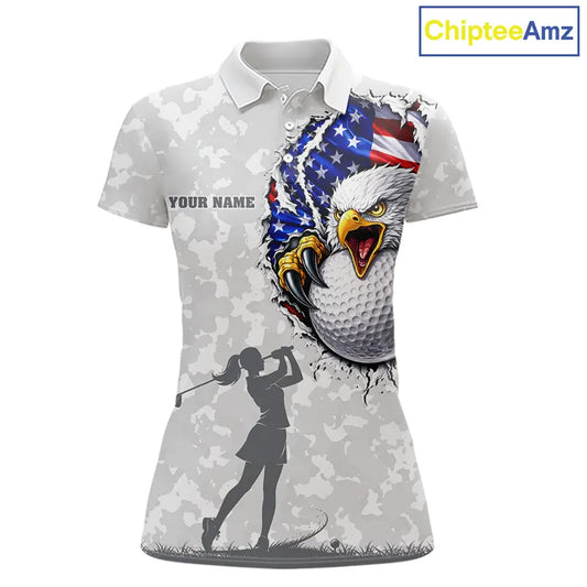Personalized American Flag Skull Eagle Camo Golf Polo Shirts For Women, Patriotic Ladies Golf Outfits NQS11649