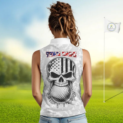 Personalized American Flag Skull Eagle Camo Sleeveless Golf Polo Shirt, Patriotic Ladies Golf Outfits NQS11649