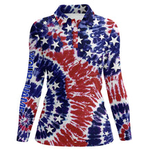 Load image into Gallery viewer, Red, white, and blue American flag tie dye Womens golf polo shirts custom patriotic team golf shirts NQS5469