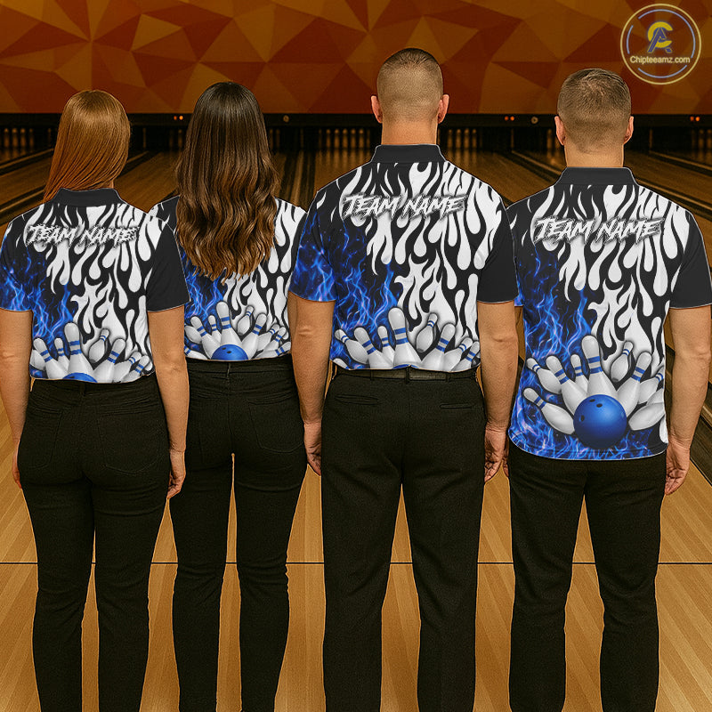 Black, White and Blue Flame Bowling Polo, Quarter Zip Shirts For Women Custom Bowling Team Jerseys NQS11739