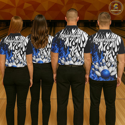 Black, White and Blue Flame Bowling Polo, Quarter Zip Shirts For Women Custom Bowling Team Jerseys NQS11739