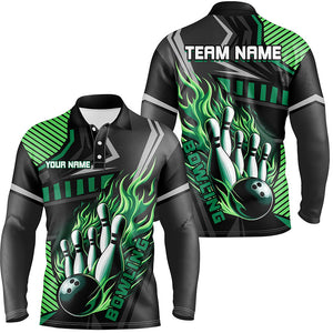 Black and Green Bowling ball pins Polo, Quarter Zip shirt for men Custom Bowling Team League Jerseys NQS7627