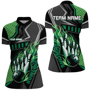 Black and Green Bowling ball pins Polo, Quarter Zip shirt for women Custom Bowling Team League Jerseys NQS7627