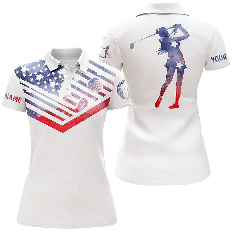 Womens golf polo shirt watercolor American flag custom name patriotic white golf shirt NQS3472