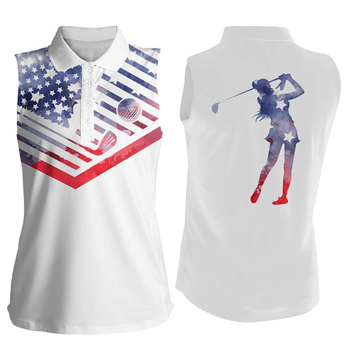 Women's sleeveless golf polo shirt watercolor American flag patriotic white golf shirt NQS3472