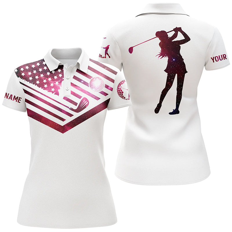 Womens golf polo shirt pink galaxy American flag custom name patriotic white golf shirt NQS3473