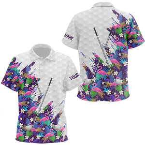 Purple Flamingo tropical pattern custom name white Kid golf polos shirt, team Kid golf tops NQS8050