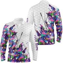 Load image into Gallery viewer, Purple Flamingo tropical pattern custom name white Mens golf polo shirts, team mens golf tops NQS8050